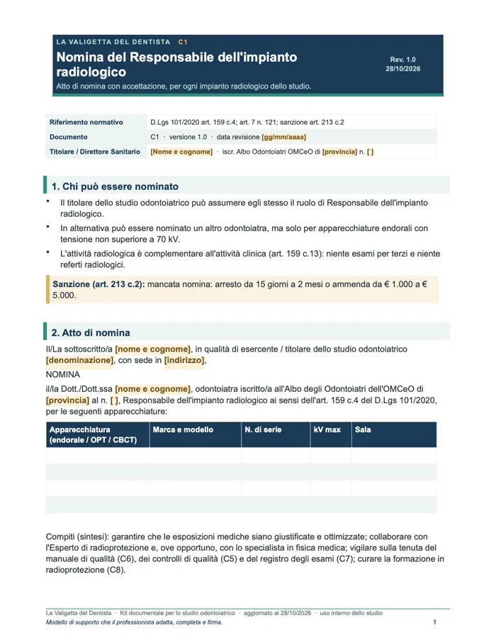 Nomina del Responsabile dell'impianto radiologico (Word e PDF)