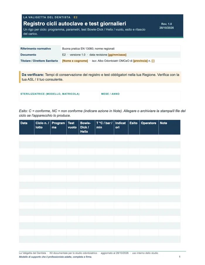 Registro cicli autoclave e test (Word e PDF)